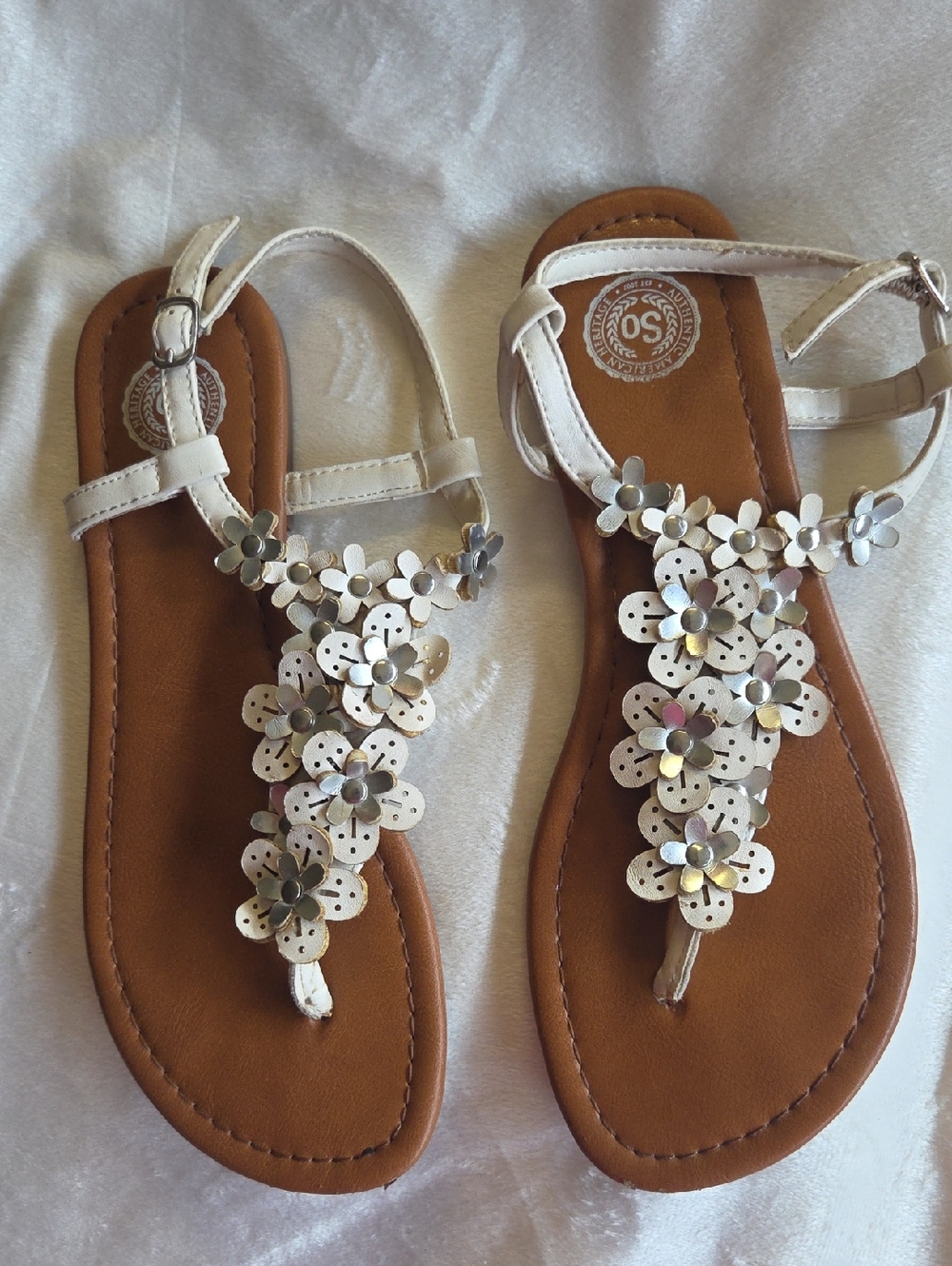 Authentic American Heritage White Floral T-Strap Sandals